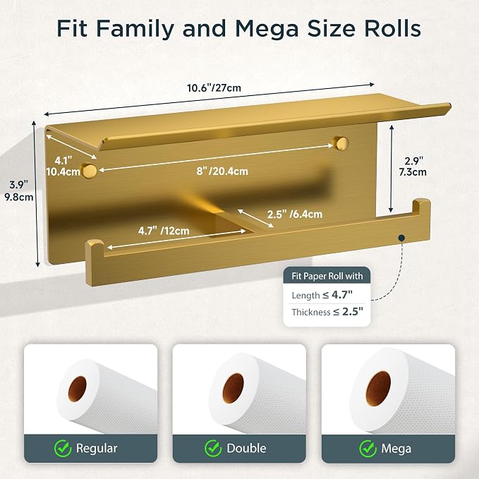 FORIOUS Toilet Paper Holder with Shelf, 304 Stainless Steel Wall Mount Commercial Toilet Paper Dispenser, Double Tissue Roll Holder for Bathroom, Brushed Gold