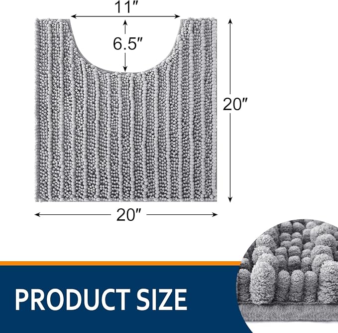 Smiry Bathroom Toilet Rugs U Shaped 20X20, Chenille Bath mats for Toilet | Grey Extra Soft Absorbent Non Slip Rubber Backing Contour Bath Rugs for Toilet, Machine Washable Contoured Bath Mats