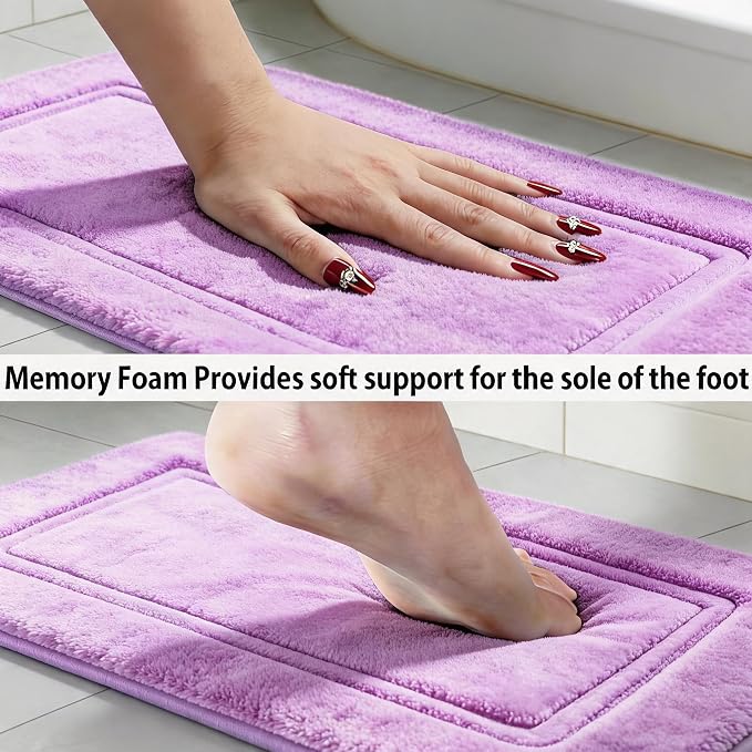 3 Piece Bath Rug Set Memory Foam Non-Slip, Bordered Toilet Rug, Lavender | Spa & Relaxing Decor — Soft Lavender bath mats, absorbent and washable, with a U-shaped toilet mat.