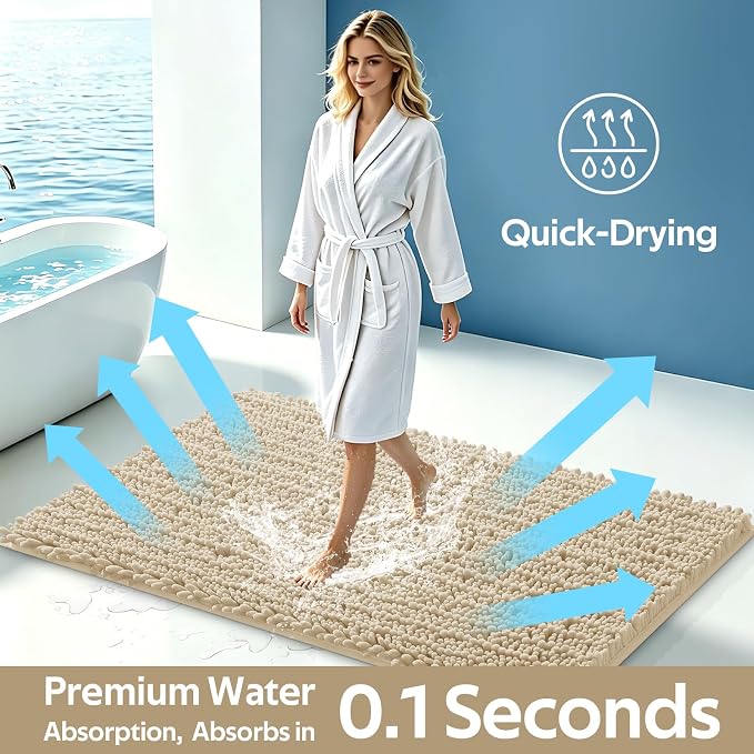 ACCUMTEK Upgrade Luxury 2 Piece Beige Toilet Bathroom Rug Mat 60"x20"+32"x20", Ultra Soft Thick Absorbent Bath Mats, Non Slip Chenille Toilet Mat for Bathroom, Bedroom, Kitchen, Shower, Tub