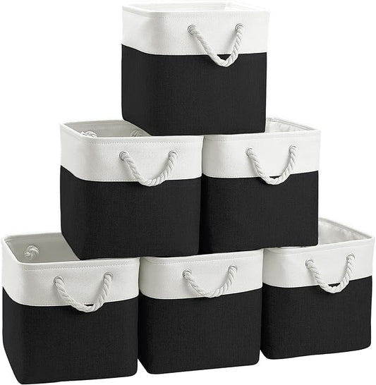 FinishingBo Large 11x11 Inch Cube Storage Bins with Cotton Handles for Closet, Shelves, Clothes, Towel (White/ Black-6 Pack)