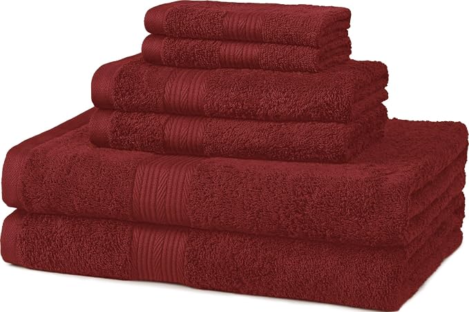 Amazon Basics Fade-Resistant 100% Cotton Washcloths for Bathroom, Soft Absorbent, 6-Piece, Crimson