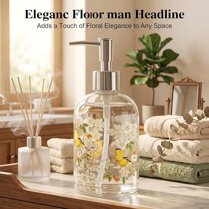 Topadorn Hand and Dish Soap Dispenser Set, 2 Pack 17oz Glass Soap Dispensers with Pump, Refillable Kitchen Soap Bottles, Vintage Floral & Goldfinch Bathroom Counter Decor