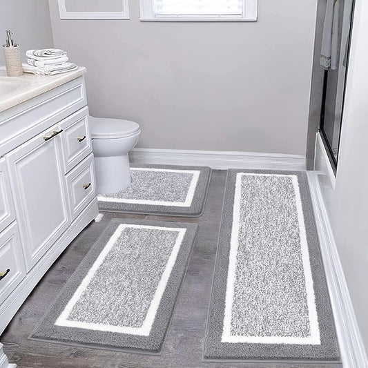 Pauwer Bathroom Rug Sets 3 Piece, Non Slip Washable Bath Mat, Light Grey | Soft Plush Microfiber, Super Absorbent Floor Carpet, U Shaped Toilet Mats, Quick Dry, Shaggy Shower Rugs Runners