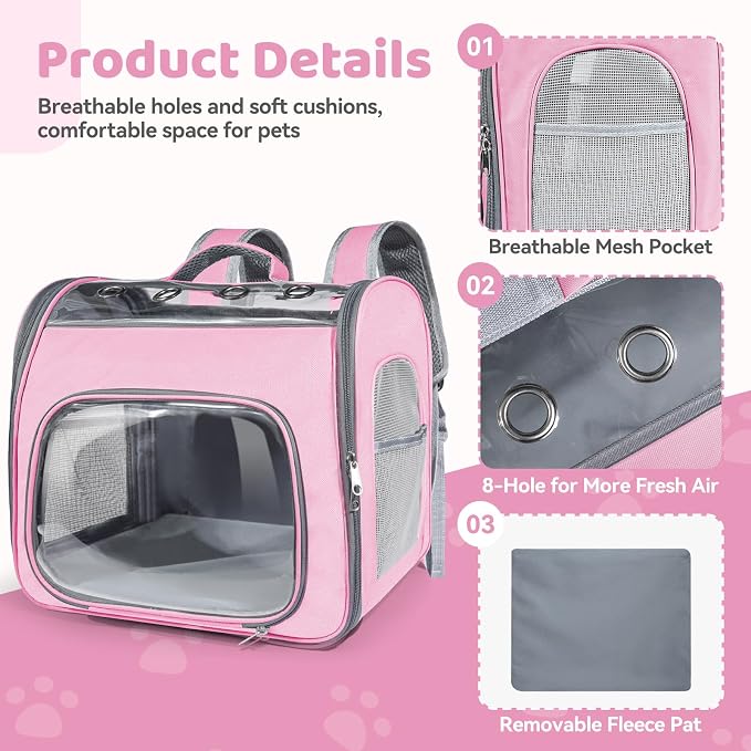 Airline Approved Cat Soft-Sided Carrier Backpack Up to 12 lbs (Pink) | Airport-Friendly Breathable Mesh Foldable Pet Travel Bookbag with Reinforced Support, Portable Puppy Carry Bag for Kitty
