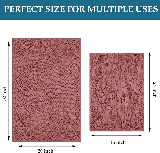 RUN HELIX Bathroom Rugs Sets 2 Piece Thick Absorbent Chenille Bath Rug Set Non Slip, Soft Shaggy Bath Room Floor Mats for Bathroom, Machine Washable, Misty Rose