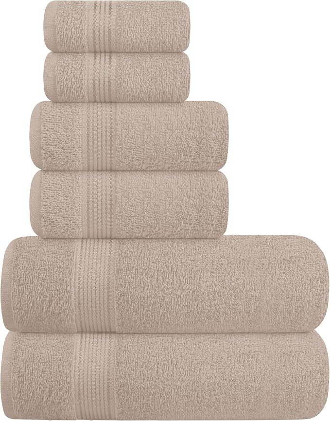 Ultra Soft 6 Pack Cotton Towel Set, Contains 2 Bath Towels 28x55 inch, 2 Hand Towels 16x24 inch & 2 Wash Coths 12x12 inch, Ideal Everyday use, Compact & Lightweight - Tan