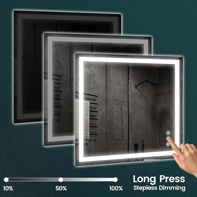 Memobarco 30" x 36" LED Bathroom Mirror with Lights, Memory Vanity Mirror | Anti-Fog, 3 Color Modes, Dimmable, Front Lit, Memory Function, Tempered Glass, Lighted Bathroom Mirror for Wall