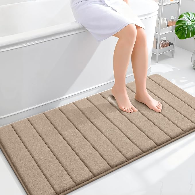 OLANLY Memory Foam Long Bathroom Rugs Runner 47x24, Super Soft Absorbent | Tan, Quick Dry Bath Mat, Machine Washable Shower Floor Rugs, Bathmat Carpet for Bathroom Floor, Tub and Shower