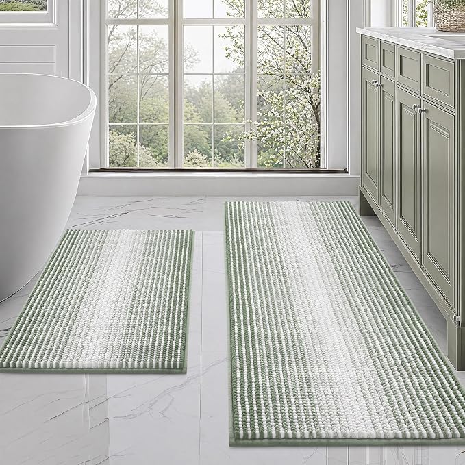 Bathroom Rugs Sets 2 Piece, Non Slip Bath Mats, Greyish Green | 20"x47" Plus 16"x24", Soft Absorbent Striped Chenille, Quick Dry Machine Washable, Shower Rug for Bathroom Bedroom Décor