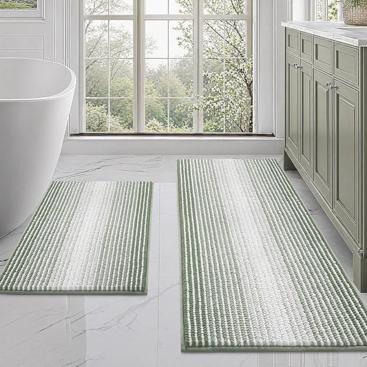 Bathroom Rugs Sets 2 Piece, Non Slip Bath Mats, Greyish Green | 20"x47" Plus 16"x24", Soft Absorbent Striped Chenille, Quick Dry Machine Washable, Shower Rug for Bathroom Bedroom Décor