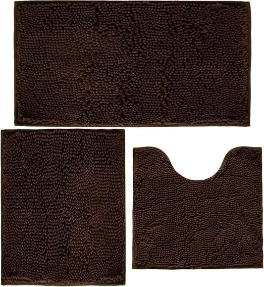 Bathroom Rugs Chenille Bath mat 3 Piece Set, Super Absorbent, Strong PVC Non Slip Backing, Bath mats for Bathroom, Plush Shaggy, Thick, Machine Washable, Bathtub, Shower, Toilet, Brown