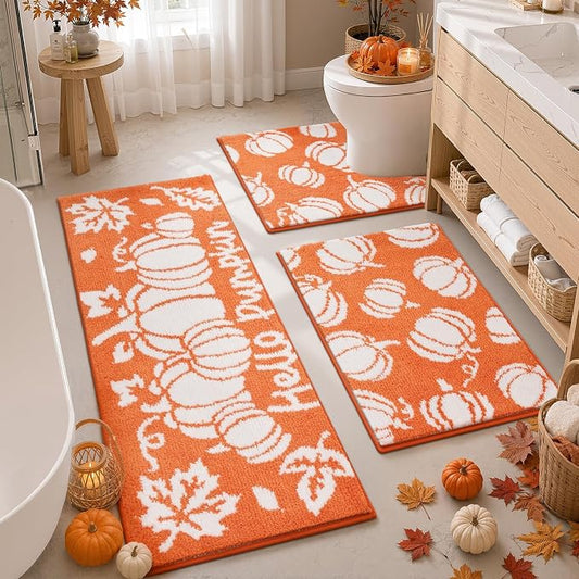 Findosom Fall Bathroom Rugs Sets 3 Piece, Absorbent Non-Slip Bath Rug Set | Washable Soft Microfiber Shaggy Pumpkin Fall Bath Mat Set with Bathroom Runner Rug, U-Shaped Toilet Rugs, Shower Rug, Orange