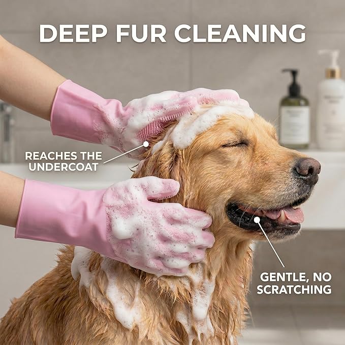 NVNAN Dog Bath Gloves for Washing, Pet Grooming Gloves with Shampoo Brush, Dog Bath Brush for Dogs and Cats, Essential Dog Bath Supplies (1 Pair, Pink)