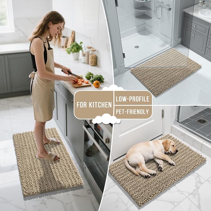 Yimobra Bathroom Rugs Sets 2 Piece - Quick Dry Extra Thick Luxury Chenille Bath Mat, Non Slip Super Absorbent for Tub Shower Sink, Machine Washable Shaggy Floor Mat, 32"x20"+24"x17" Inch, Pale Khaki