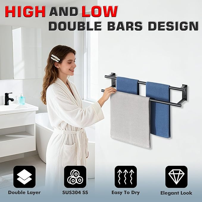 Alise Double Towel Bars for Bathroom,Wall Mount Towel Holder Towel Racks for Bathroom Lavatory,SUS304 Stainless Steel Towel Hanger Towel Rails,Matte Black,24 inch