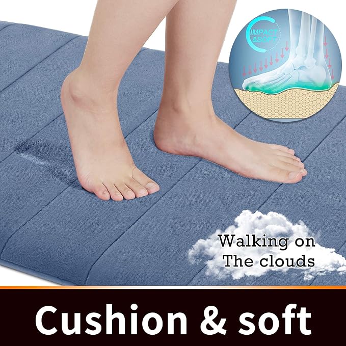 Yimobra Memory Foam Bath Mat, Super Soft Absorbent Bathroom Rug Non Slip, Quick Dry, Machine Washable Floor Carpet for Tub Shower, Home Decor Accessories, 24x17, Denim Blue