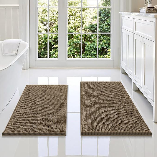Smiry Chenille Bathroom Rugs Sets 2 Piece (34x21+30x20, Camel) | Soft Absorbent Machine Washable Non Slip Shaggy Bath Rug Set for Tub, Shower, and Floor, Home Decor