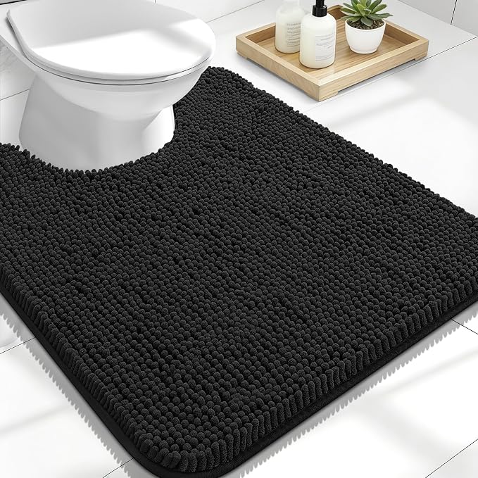 OLANLY Toilet Rugs U-Shaped 24x20, Soft Absorbent Chenille Contour Rugs | Black, Quick-Drying Rubber Backing, Machine Washable Non-Slip Shaggy Bathroom Mat for Toilet, Home Decor Accessories