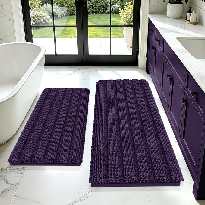 ACCUMTEK Striped Eggplant Purple Bathroom Rug Mat Set 2 piece 24"x17"+48"x20" Ultra Soft, Non Slip Chenille Bath Rugs, Absorbent Plush Shaggy Bath Mats for Bathroom, Bedroom, Kitchen, Shower, Tub