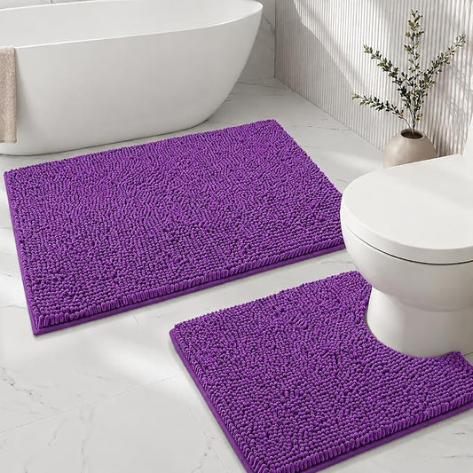Bathroom Rugs Sets 2 Piece,Super Absorbent Soft,Thick,Machine Washable Chenille Bath Mat,Non Slip Toilet Floor Rug,Bath Mats for Bathroom,20x32 Plus 20x20 U Shape,Violet
