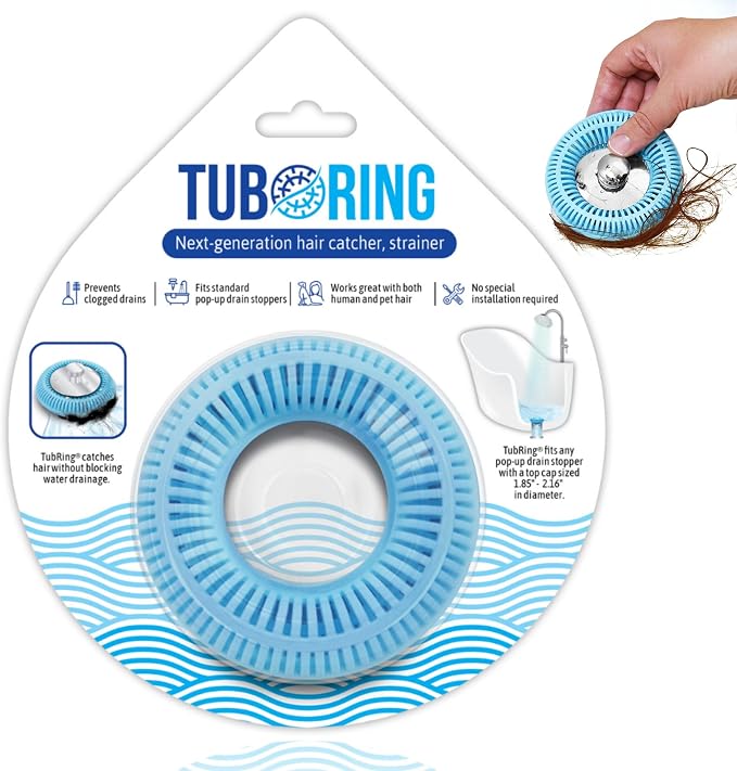 TubRing Pop-Up Drain Protector & Strainer Silicone Hair Catcher, Aqua | Easy snap-in design fits around bathtub stoppers. Customizable utility guard for clog prevention. Fits 1.85"- 2.16" drains.