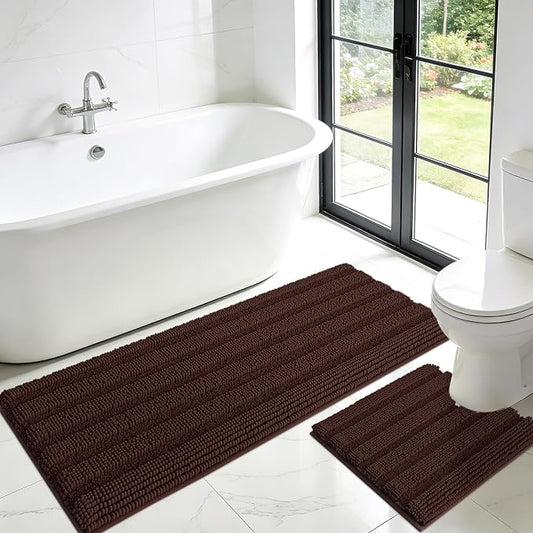 ACCUMTEK Striped Brown Toilet Bathroom Rug Mat Set 2 piece Rug Ultra Soft, Non Slip Chenille Bath Rugs, Absorbent Plush Shaggy Bath Mats for Bathroom, Bedroom, Kitchen, Shower, Tub