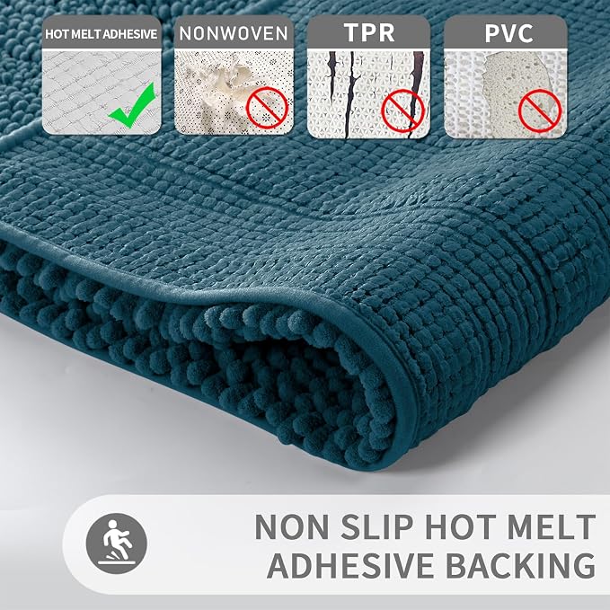 Yimobra U Shaped Toilet Rug Set, Soft Chenille, 24x17+24x20, Peacock Blue | Non Slip Machine Washable Quick Dry, Plush Absorbent Shower Rugs for Bathroom Floor Sink Tub and Shower Outside