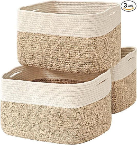 ICERZCZ Large Storage Baskets for Organizing Shelves, Woven Cotton Rope Bins for Baby Nursery Organization, Book Toy Towel Organizer, 17"x13"x9.5", 3 Packs, Off White & Brown