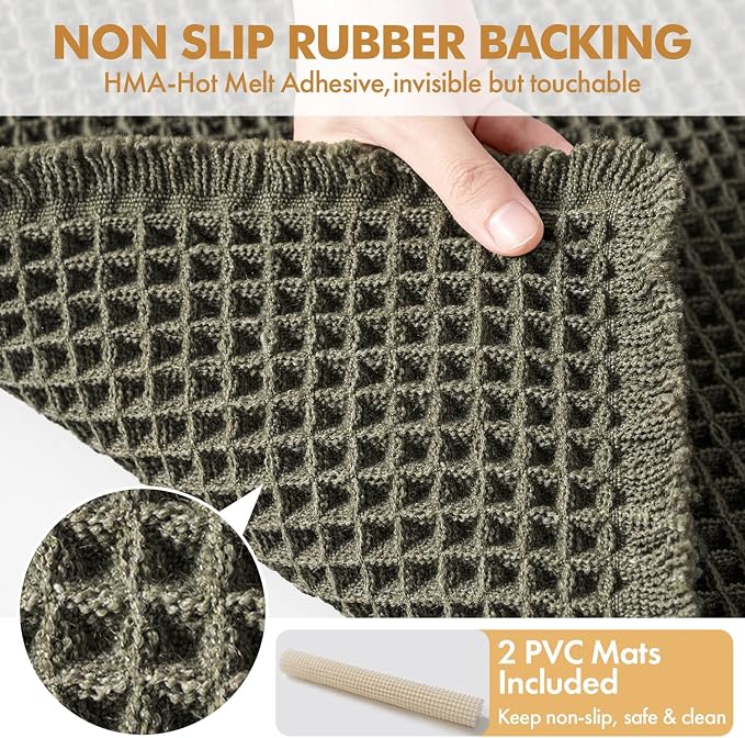 MIULEE Set of 2 Waffle Bathroom Runner Rugs Green 2'x5'(24"x60") | Non Slip, Super Absorbent, Washable, Ultra Soft, Boho Bath Mats for Bathroom Hallway Bedroom Laundry Room Kitchen