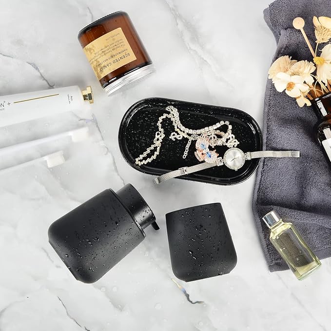 BosilunLife Ceramic Bathroom Accessories Set 3 Pcs | Liquid Soap Dispenser and Toothbrush Holder with Tray, Modern Farmhouse Vanity Decor, Black Housewarming Gift (Black-Liquid)