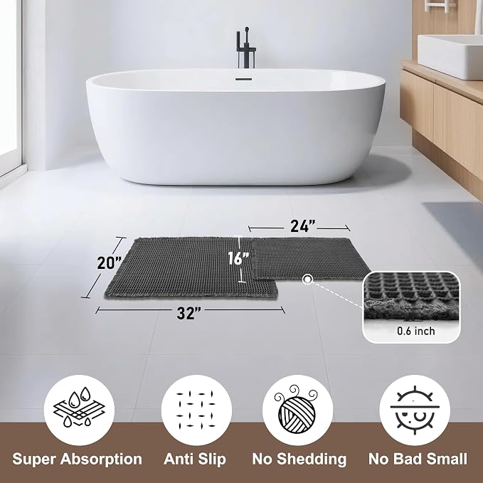JIUZHEN Set of 2 Waffle Bath Mats Boho Bath Rugs 16"x24"+20"x32", Black | Non Slip, Super Absorbent, Washable, Ultra Soft, Fast Drying Waffle Bathroom Rugs for Bathroom Floor, Tub, Shower