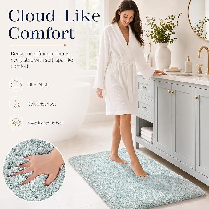 Yimobra Luxury Bathroom Rugs, Fluffy Bath Mats, Non Slip, Water Absorbent Microfiber, Machine Washable, Plush Carpet Shower Rugs, Thick Matts for Bathroom Floor/Tub, 44"x 24", Sky Light Blue and White