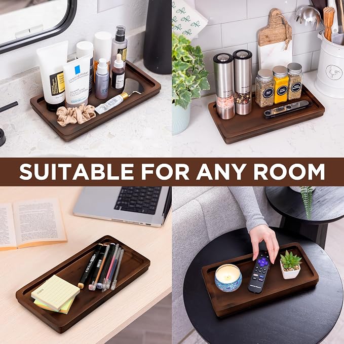 Demigo Bathroom Vanity Tray, Dark Brown Acacia Wood Tray, 11.8 x 5.9 in | Wooden Countertop Organizer for Cosmetics Jewelry Candle & Keys, Decorative Tray for Toilet Tank, Kitchen & Sink Decor