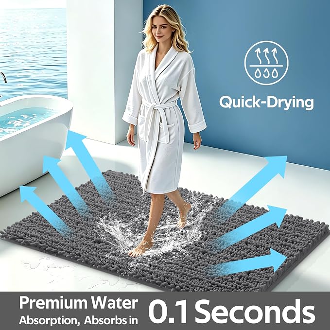 ACCUMTEK Upgrade Luxury 2 Piece Dark Gray Toilet Bathroom Rug Mat 48"x20"+24"x17", Ultra Soft Thick Absorbent Bath Mats, Non Slip Chenille Toilet Mat for Bathroom, Bedroom, Kitchen, Shower, Tub