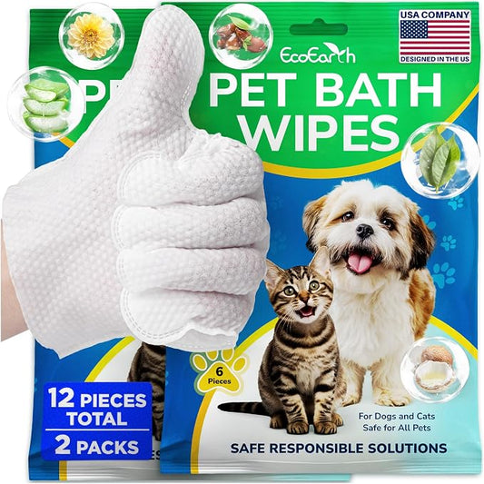 Premium Pet Wipes for Dogs & Cats - 12 Pcs - Disposable Washing Gloves for Bath & Grooming - Clean & Dry Paws, Fur, Face, Ears, Butt & Body - Hypoallergenic, Lick-Safe & Waterless Cleaning Gloves
