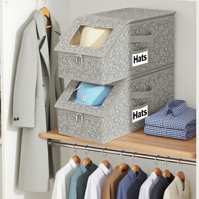 3 Pack Hat Organizer Box for Women & Men, Foldable Storage Box with Clear Lid for Baseball, Cowboy Caps, Stackable Clear Hat Organizer, Store up to 42 Caps, Grey