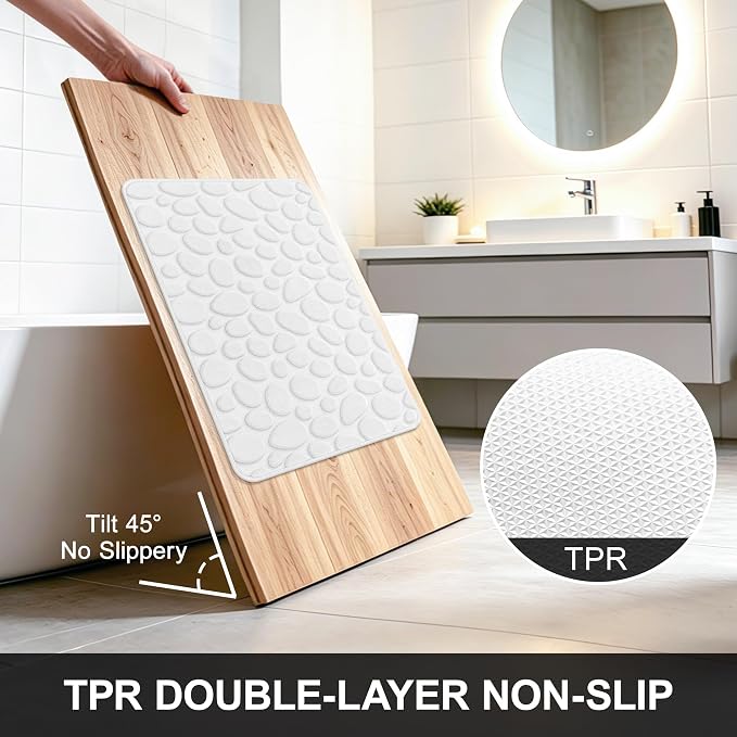 Stone Bath Mats, Non-Slip Memory Foam Bathroom Rug, 16x24 White | TPR Rubber Backing,Ultra Soft,Highly Absorbent,Machine Washable,Quick Dry for Tub and Shower, Home Decor Accessories