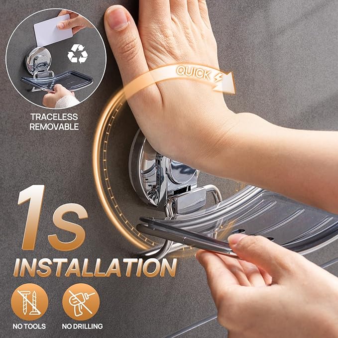 Chrome Suction Cup Soap Dish Holder for Shower Wall Drill-Free Rustproof Waterproof Wall Mount Strong Suction Removable Bar Soap Sponge Holder for Bathroom Bathtub Kitchen