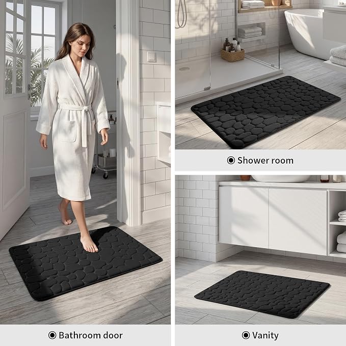 YIHOUSE Memory Foam Runner Rug, Cobblestone Bathroom Runner Rugs Super Water Absorbent Bath Mats for Bathroom Machine Washable Bath Rugs for Hallway Bedroom Laundry Room(24 x 47,Black)