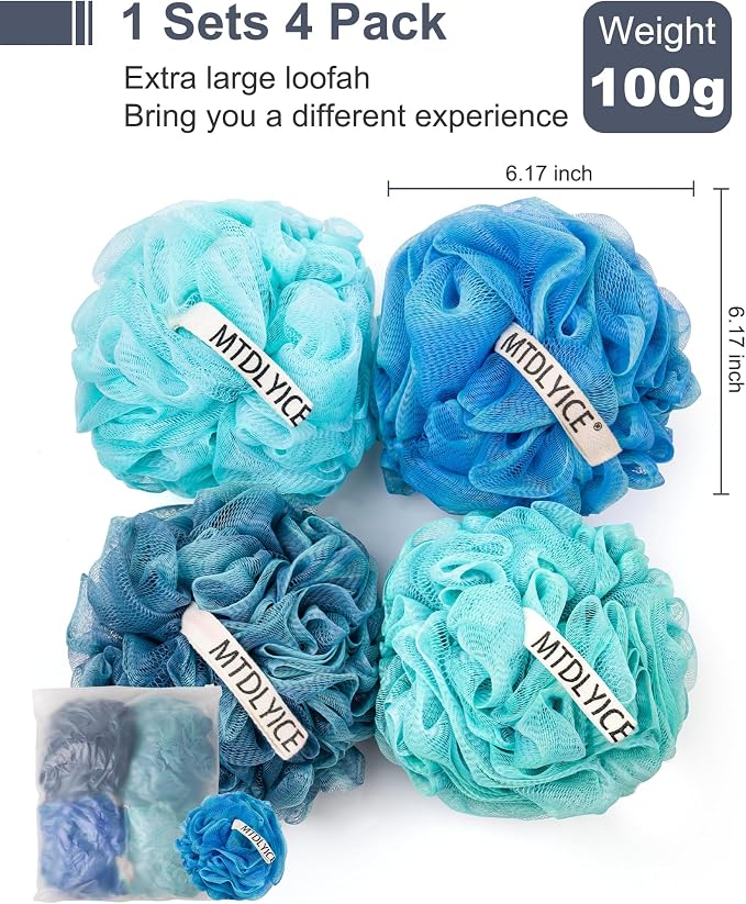 MTDLYICE Loofah Sponge, XXL Large Loofah 100g 4 Pack, Bath Sponge Soft Mesh Shower Loofah for Men, Body Scrub, Shower Pouf Bath Accessories, for Body Wash, Soap (Blue)