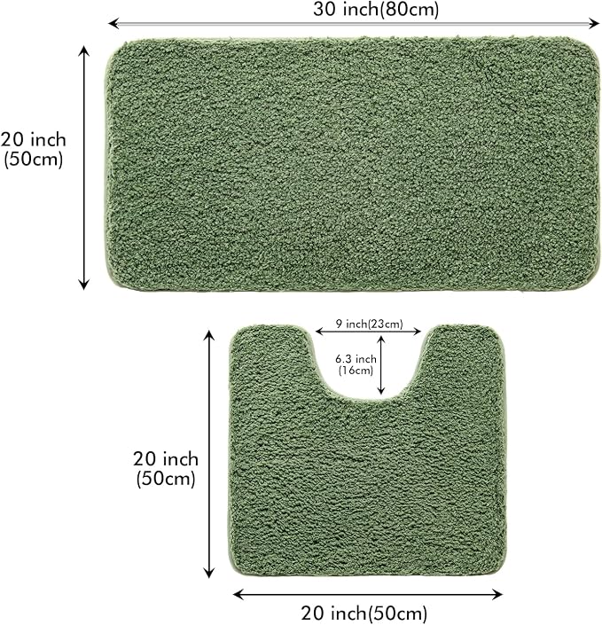 MIULEE Moss Green Bathroom Rugs Set 2 Piece Soft Bath Mats 20x20+20x32 Inch | Absorbent Microfiber Bath Mat and U-Shaped Toilet Rug, Non Slip, Quick Dry, for Bathroom Floor Tub Showers, Machine Washable