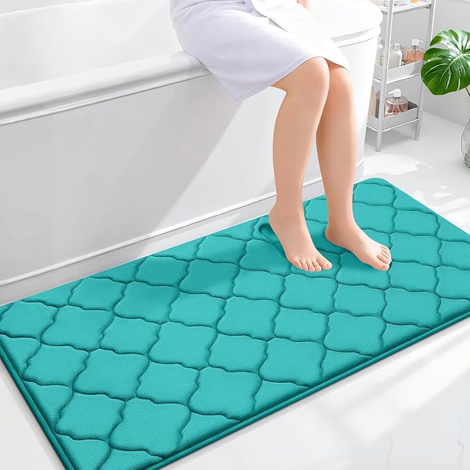 OLANLY Memory Foam Bath Mat Rug 47x24, Ultra Soft Bathroom Rugs, Teal | Thick Absorbent Carpet, Non-Slip Backing, Machine Washable, for Bathroom Floor, Tub, Shower and Home Decor Accessories