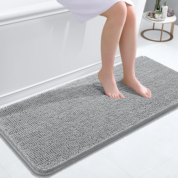 OLANLY Bathroom Runner Rugs 47x20, Extra Soft Absorbent Chenille Bath Rugs | Light Grey, Quick-Drying Rubber Backing, Washable Long Bath Mat for Bathroom Floor, Tub and Shower, Home Decor Accessories
