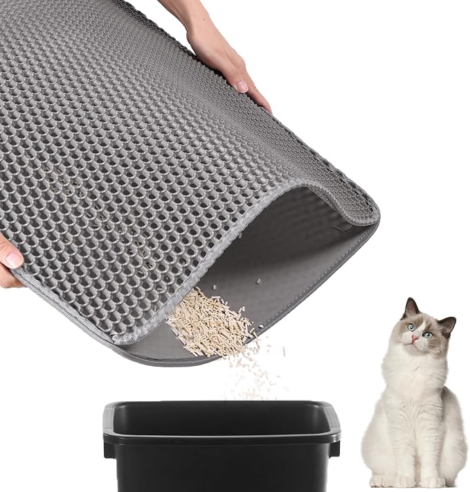 Cat Litter Mat - Extra Large Cat Litter Mat Litter Trapping Mat 46"x26"-Honeycomb Double Layer Design,Urine and Water Proof Material,No Slip& No Phthalate,Washable Easy Clean（Grey）