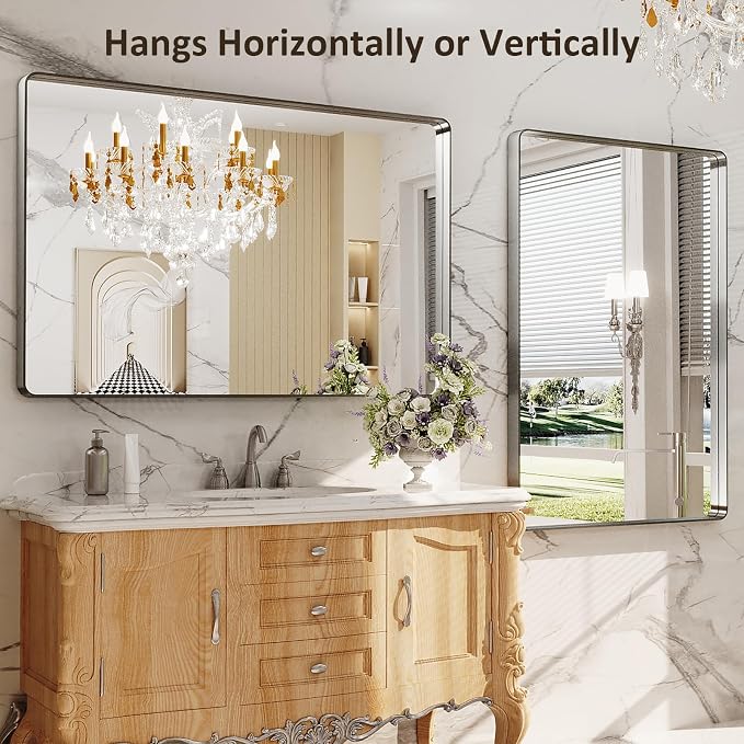 LOAAO 48X32 Inch Brushed Nickel Bathroom Mirror | Rounded Rectangle, Silver Metal Frame, Anti-Rust, Tempered Glass, Hangs Horizontally or Vertically