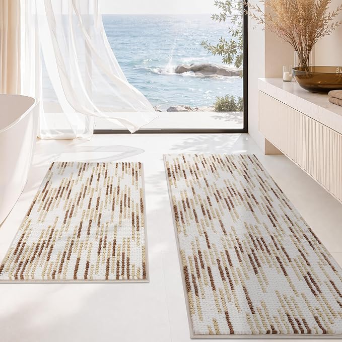 Bathroom Rugs Sets 2 Piece, Modern Bath Mat 20"x47"+20"x32", Beige | Loop Pile Chenille, Non Slip TPR Rubber Backing, Abstract Stripe, Soft Thick Absorbent Washable, Runner Rug for Bathroom
