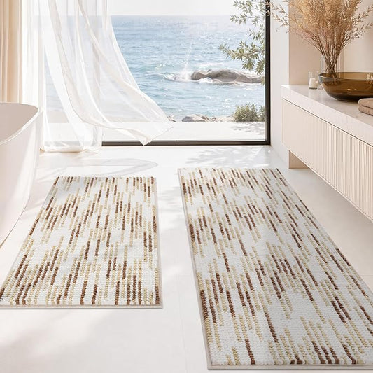 Bathroom Rugs Sets 2 Piece, Modern Bath Mat 20"x47"+20"x32", Beige | Loop Pile Chenille, Non Slip TPR Rubber Backing, Abstract Stripe, Soft Thick Absorbent Washable, Runner Rug for Bathroom