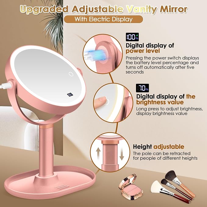 MIYADIVA Travel Makeup Mirror with Lights, Height Adjustable 30X/1X Double-Sided Magnifying Mirror, Portable Vanity Mirror with Digital Display & Phone Holder, Handheld Tabletop, Soft Rose Gold