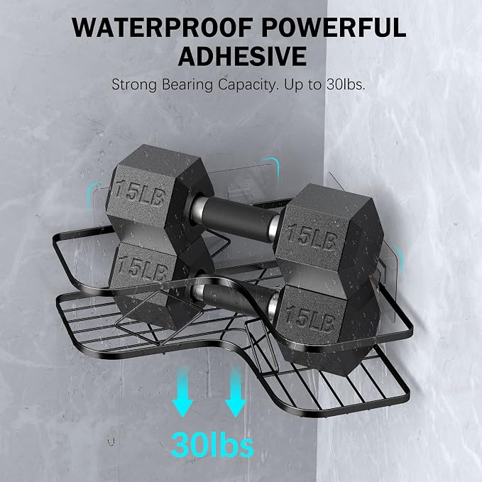 Large Corner Shower Caddy, 2 Pack Adhesive Bathroom Shower Organizer Shelves, No Drilling Rustproof Wall Mounted Shower Storage Basket Shampoo Holder Organizer (Black)